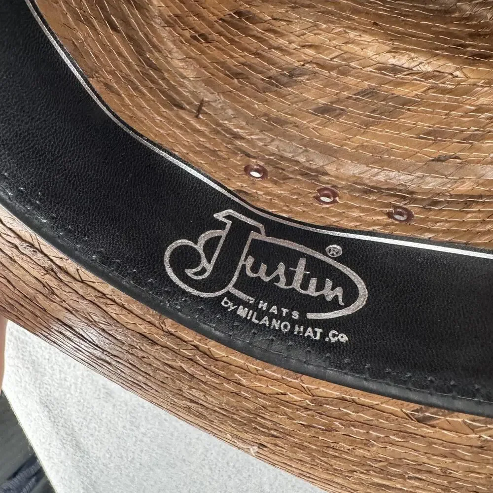 Justin Hat Cowboy Fitted Mens 7 3/8 Brown Straw Western Wide Brim Summer Rodeo